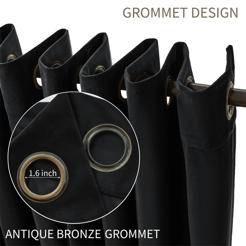 Deavion Velvet Solid Color Metal Grommets Room Darkening Curtain Panels, 52" W x 84" L, Black