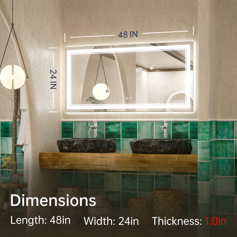 Miroir de salle de bain sans cadre à 3 lumières DEL Adorna, 24 po x 48 po
