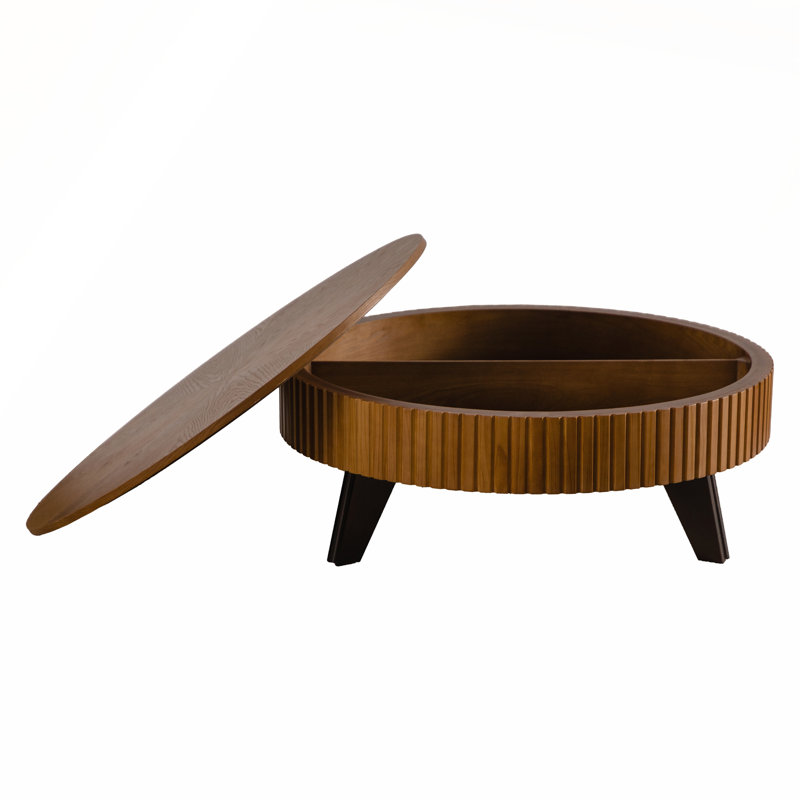 Table basse ronde rétro avec rangement pour le salon et le bureau, H 13,77 po x L 39,37 po x l 39,37 po, Naturel, Noir