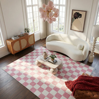 Rug Branch Jaque 4' x 6' (3'11" x 5'7") Pink/White Checkered Kids Area Rug, Modern, Medium Pile, Stain-Resistant Carpet - Playroom, Nursery, Toy Room and Bedroom