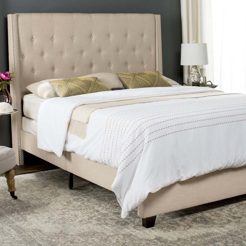 Wampler Upholstered Platform Bed, Queen, Beige Linen
