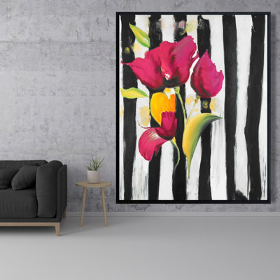 Pink Flowers On Black Stripes Print On Canvas