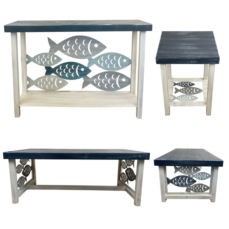 ENSEMBLE NAUTIQUE DE TABLE DE POISSON.  1 table de canapé rectangulaire, 1 table basse rectangulaire, 2 tables de bout carrées en fer
