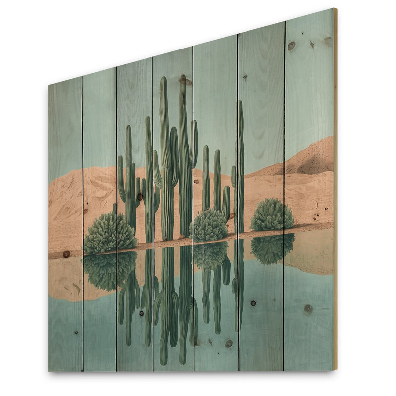 Cactus And The Desert Oasis II - Floral Cactus Wood Wall Decor - On Natural Pine Wood, 15" H x 15" W x 0.78" D