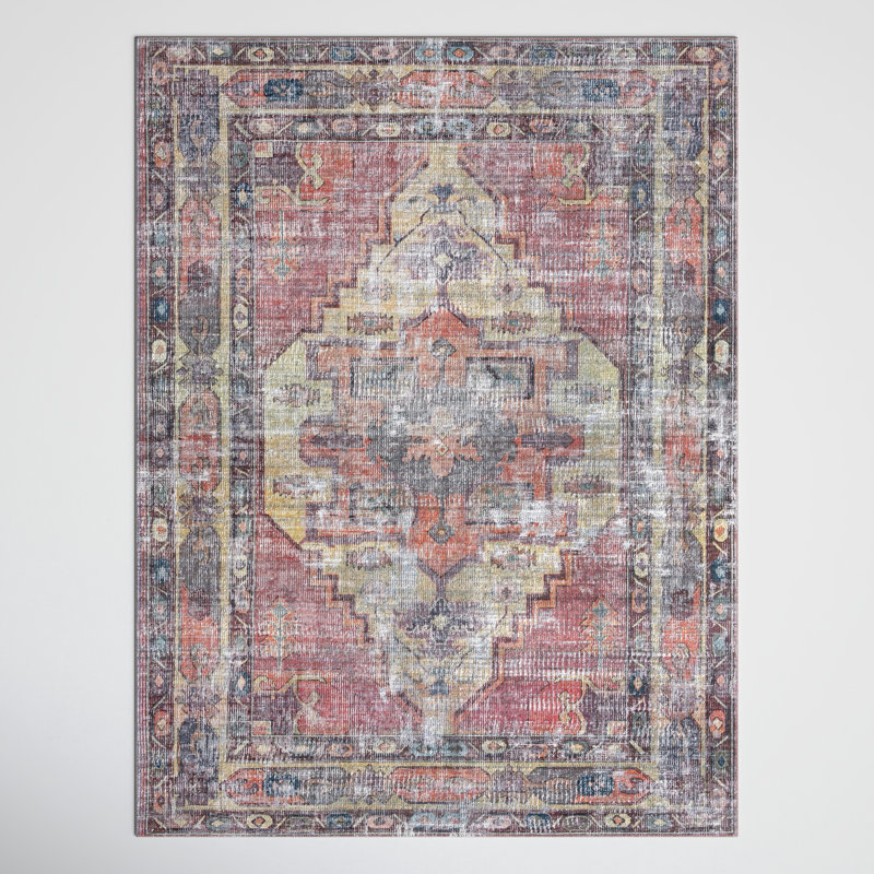 Heffron Performance Yellow/Pink Machine Washable Rug, Rectangle 9'2" x 12'