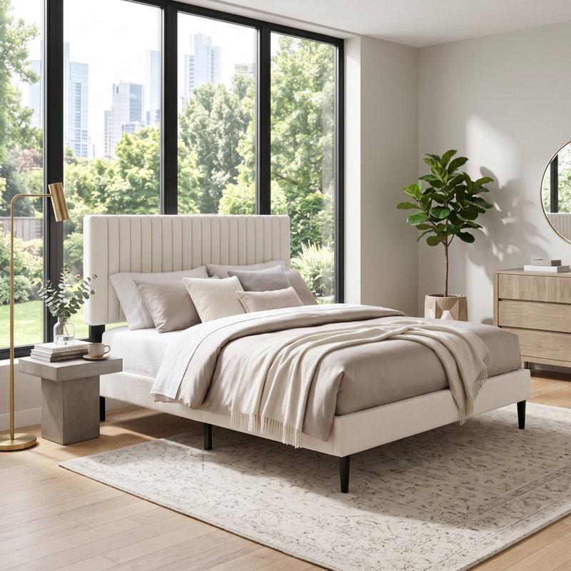 Structure de lit plateforme tapissier grand format sans sommier beige, QUEEN, Oat