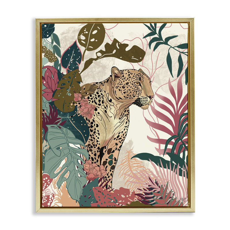 «Cheetah Tropical Leaf», art mural sur toile par Fab Funky, Cadre flottant gris lustré, H 21 po x l 17 po