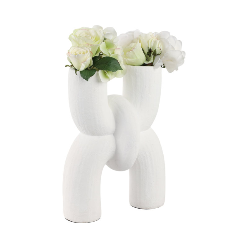 Vase Pottery Terracotta Sculptural Dual Opening 15" White Contemporary Decor for Home Office Bedroom Living Room