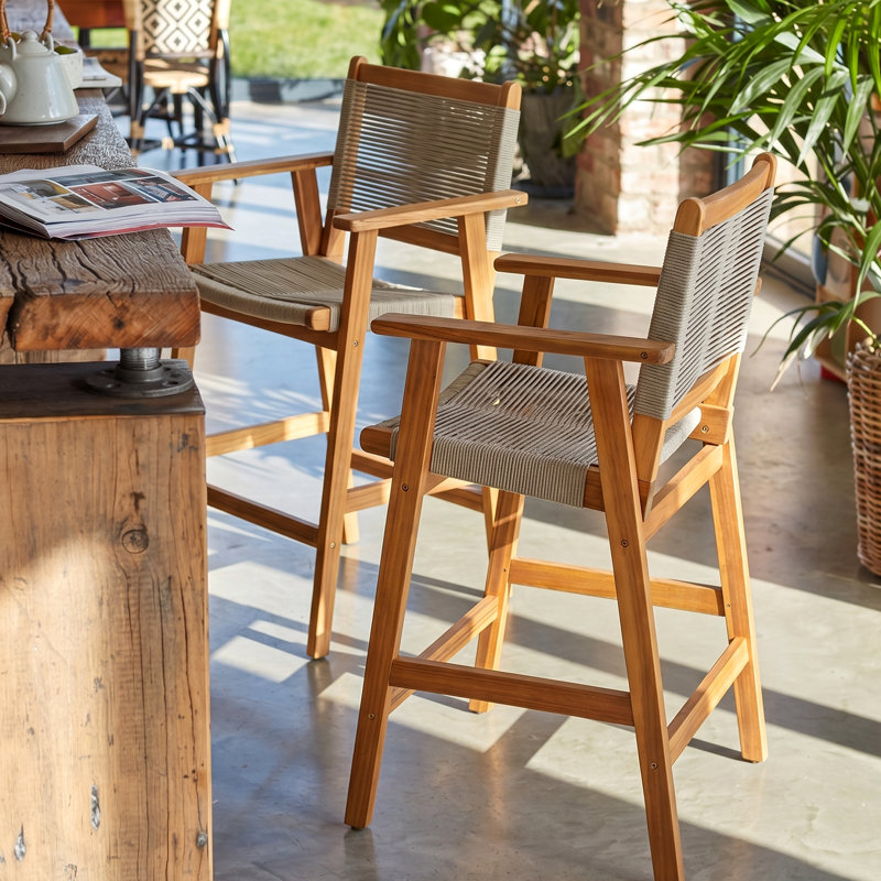 Brian Outdoor 25” Seat Height Acacia Wood Counter Stools With Woven Rope