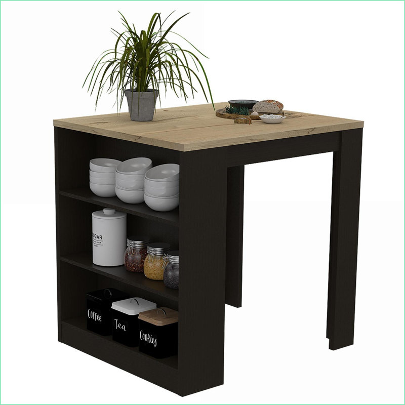 Îlot de cuisine noir moderne Noyer brun, 3 tablettes, 36,2 po x 36,2 po | Bois massif et panneau de fibres à densité moyenne | Multicolore