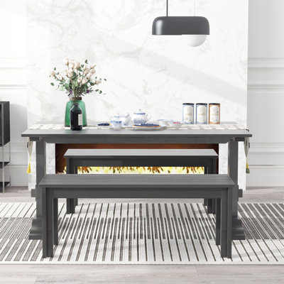 Ensemble de salle à manger rétro 3 pièces, table à tréteaux rectangulaire et 2 bancs en bois pour 4 personnes pour la salle à manger et la cuisine