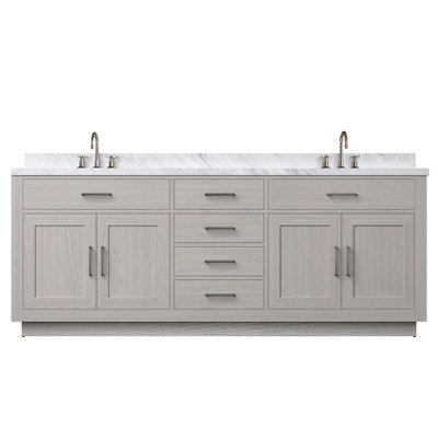 84 po L x P 22 po. Double meuble-lavabo en chêne blanc avec plateau en marbre, robinet et fermeture en douceur dans un cadre en bois massif