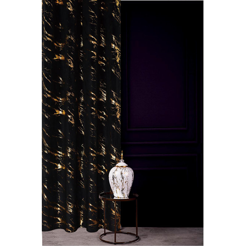 Harto Velvet Room Darkening Curtain Single Panel, Black/Gold