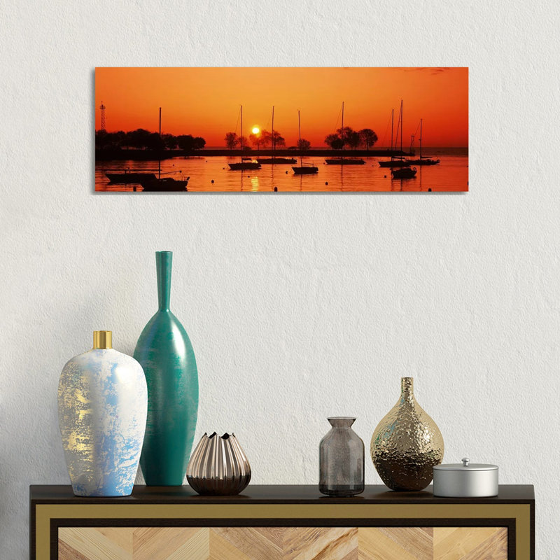 Silhouette Of Boats In A Lake, Lake Michigan, Great Lakes, Michigan, USA - Wrapped Canvas Panoramic Print