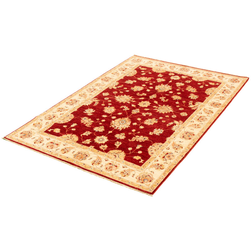 Tapis décoratif rouge/beige en laine de conception unique 5 pi 7 po x 8 pi 4 po noué à la main New Age