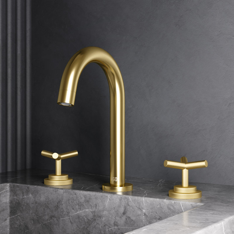 Jewel Widespread 3-Hole Bathroom Faucet, 2-Handle High Arc With Cross Knob Handles In Matte Brushed Gold, Matte Brushed Gold