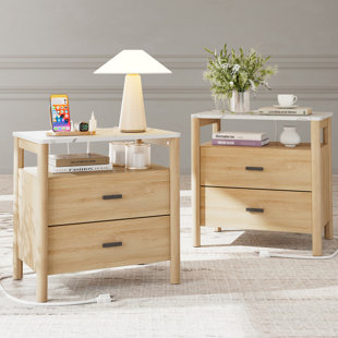Nightstand With Charging Station, Rounded Corners 23 Inch Modern Farmhouse Night Stand