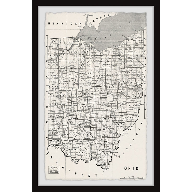 «Map of Ohio Counties» - Impression sur papier encadrée, H 16 po x l 24 po x P 1,5 po