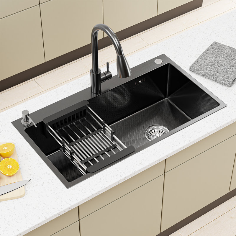 30" Single Bowl Stainless Steel Drop-in Kitchen Sink With Pull Down Faucet, Black