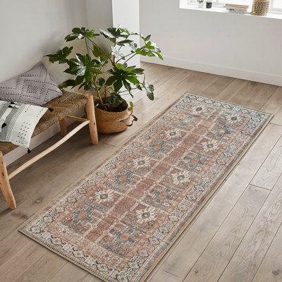 Tapis traditionnel lavable antidérapant - brun / bleu / orange Tapis pour vestibule, couloir, salle de bain et cuisine - Fairlin