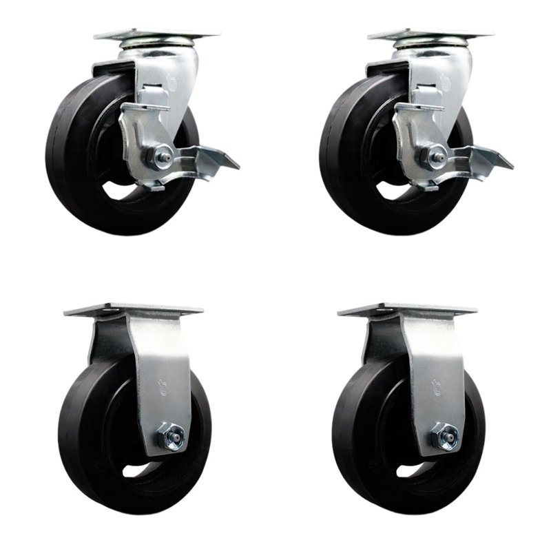 5 Inch Rubber on Cast Iron Caster Set with Roller Bearings 2 Brakes 2 Rigid