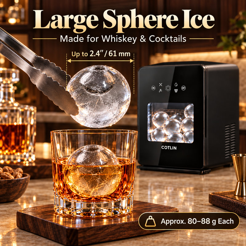 Machine à glace de comptoir sphérique de 2,4 pouces, jusqu'à 110 pièces / 24 heures, machine à boules de glace autonettoyante pour le whisky, les cocktails, le bourbon, le bar et la fête à domicile