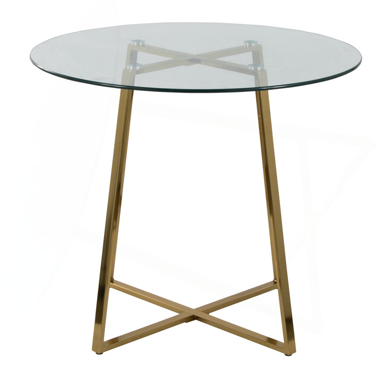 Table de salle à manger en métal doré et verre trempé transparent