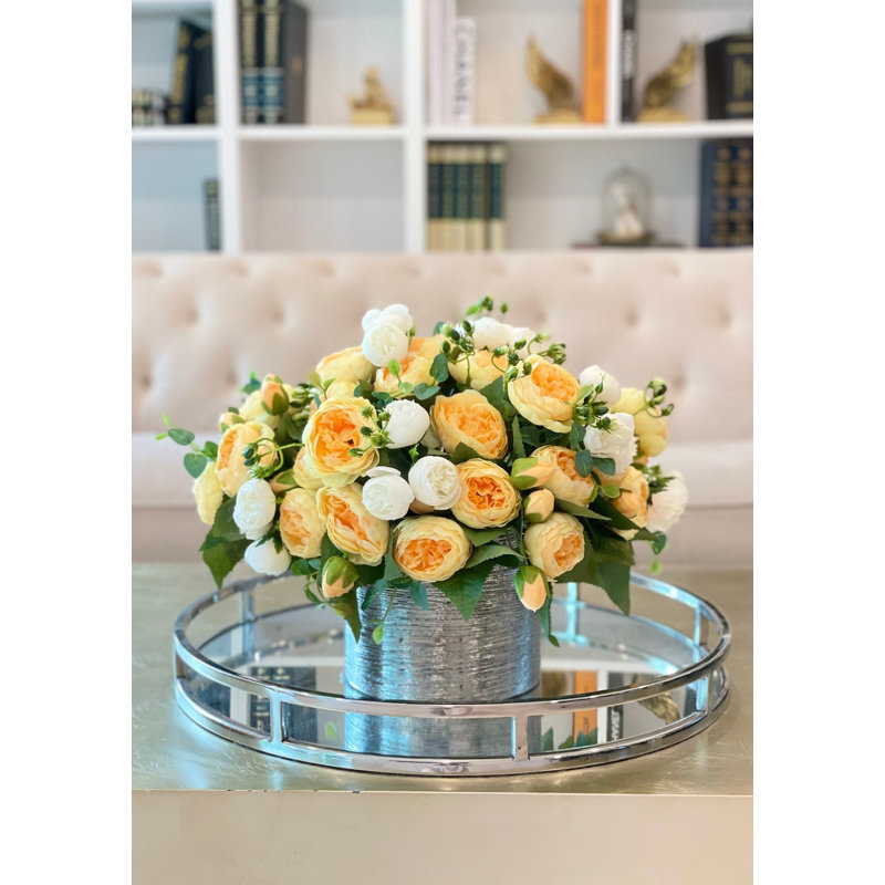 Modern Yellow/Orange Ombre & White Peony Stems – Artificial Silk Peonies For Home Décor