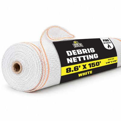 Filet de sécurité blanc antidébris, 2,62 m x 45,72 m, maille de 1,59 mm, ignifugé, traité anti-UV pour échafaudages, contrôle de la poussière, clôture de chantier, brise-vent et protection de site.