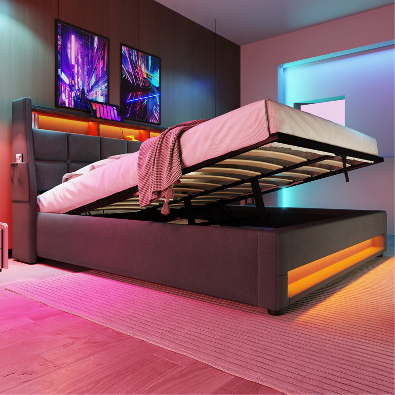 Lit avec rangement, DEL et chargement USB (sans matelas), Gris, Lit double