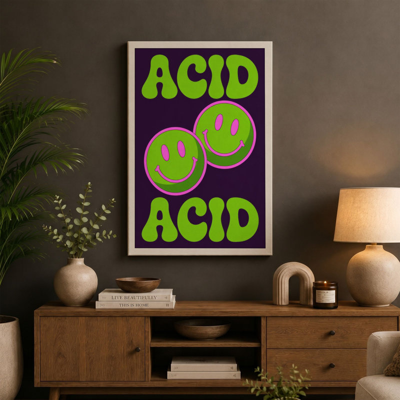 Acid Rave Retro 1 Piece Wrapped Canvas Wall Art, 24x16 - 61.0 x 40.6 cm, Taupe Border