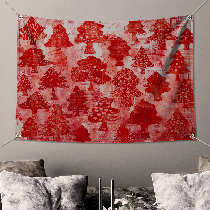 Tapisserie murale arbres de Noël rouges - décoration murale de Noël, 50 po H x 60 po L avec 4 œillets