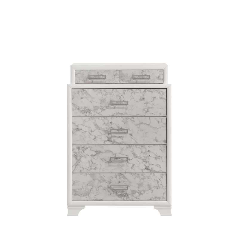 Commode de style moderne avec fabrication en bois, tiroirs spacieux et panneaux élégants à motif de marbre pour un rangement élégant.