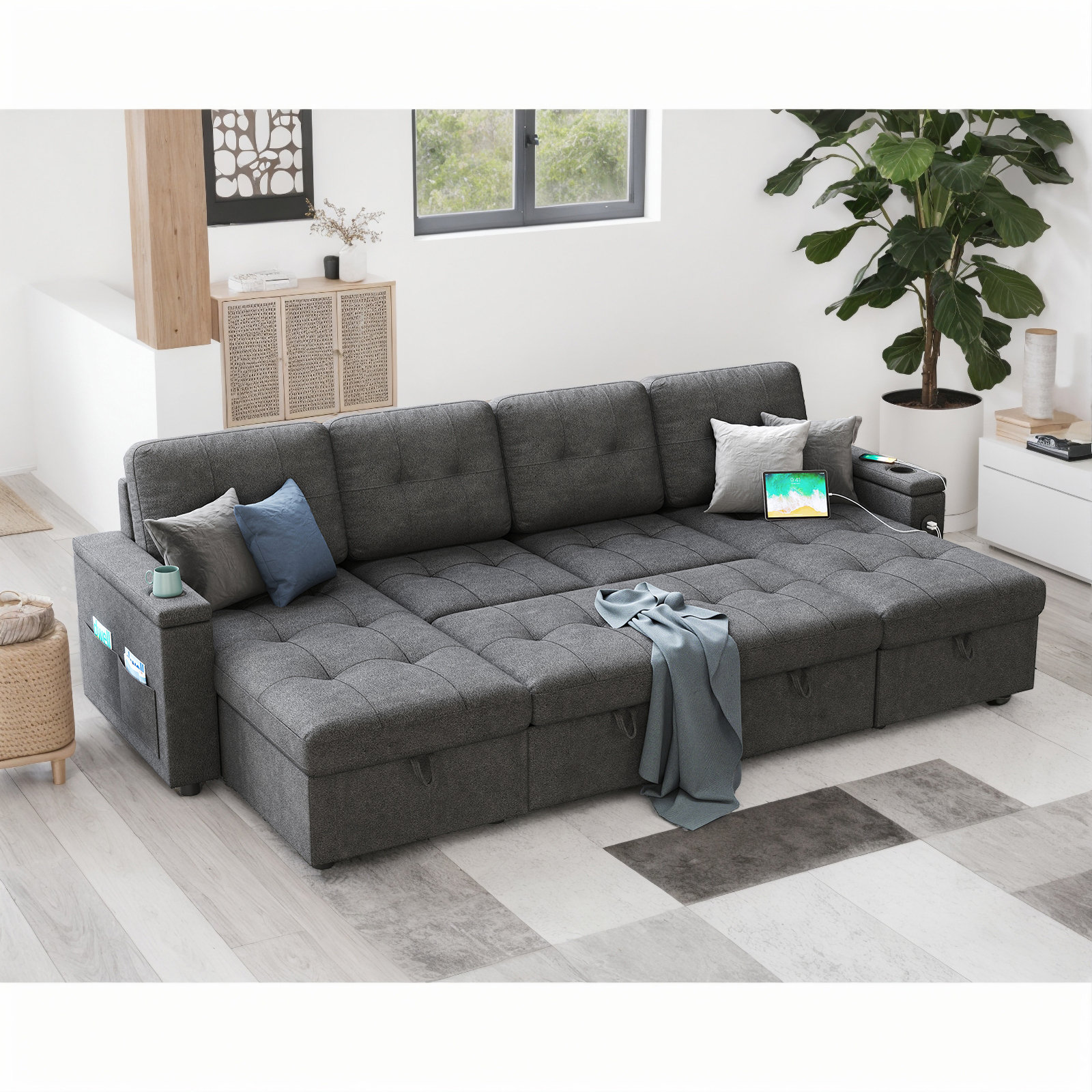 Latitude Run® Pull Out Sofa Bed With 2 USB Ports & Cup Holders, U ...