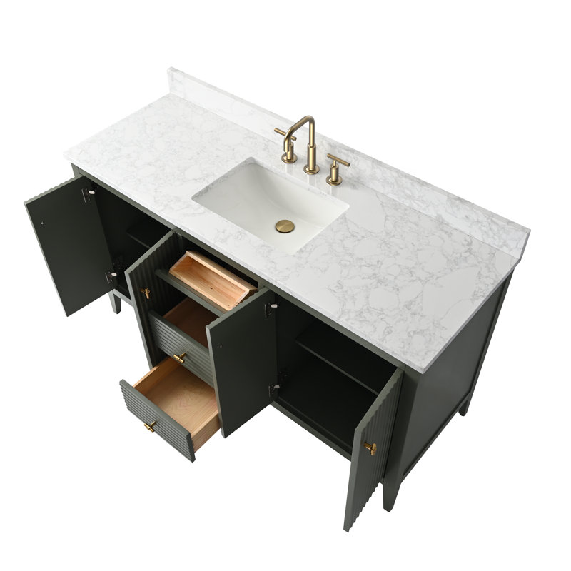 60'' Single Bathroom Vanity with Engineered Marble Top, Golden Brushed, Linear Vintage Green