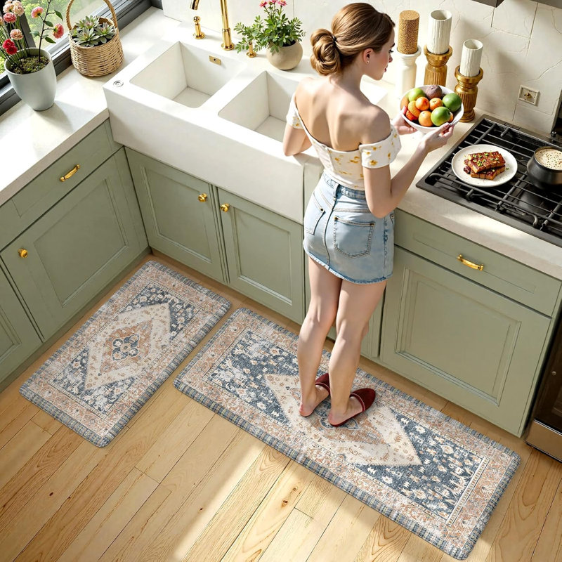 Ensemble de 2 tapis de cuisine rembourrés imperméables et antidérapants, Bleu, doré