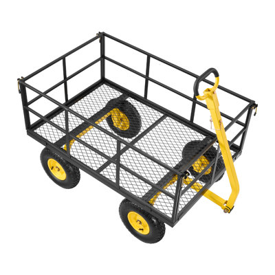 Steel Garden Cart, 1400 lbs Heavy Duty Pullable Garden Wagon Yard Cart, 2 in 1 Outdoor Metal Utility Wagon Yard Trailer with 13" All Terrain Tires, Mesh Detachable Sides and 180° Rotating Handle