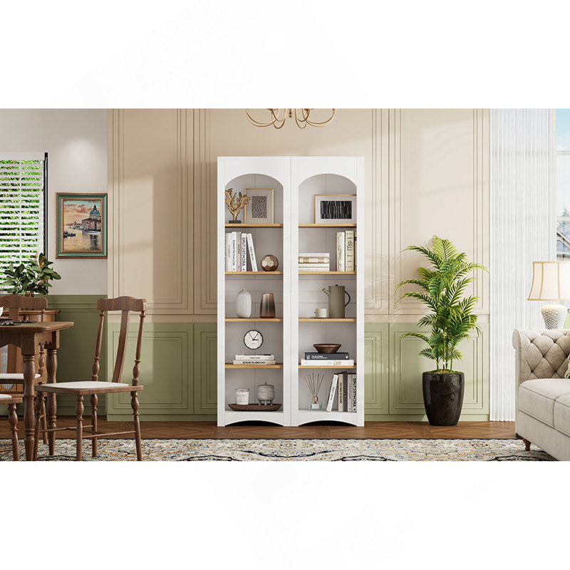 Free Standing 5 Tier Bookshelves, Bookcases Set Of 2, Farmhouse Two-Tone Storage Cabinet With Adjustable Shelves, Modern 72"H Kitchen Pantry Cabinet For Living Room, Home Office, White