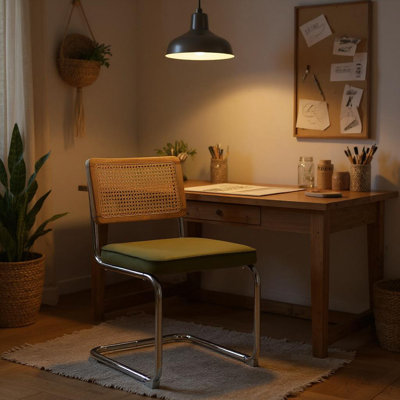 2-Pack Olive Green Office Chairs Vintage Design Rattan and Metal Structure Home and Office Setup