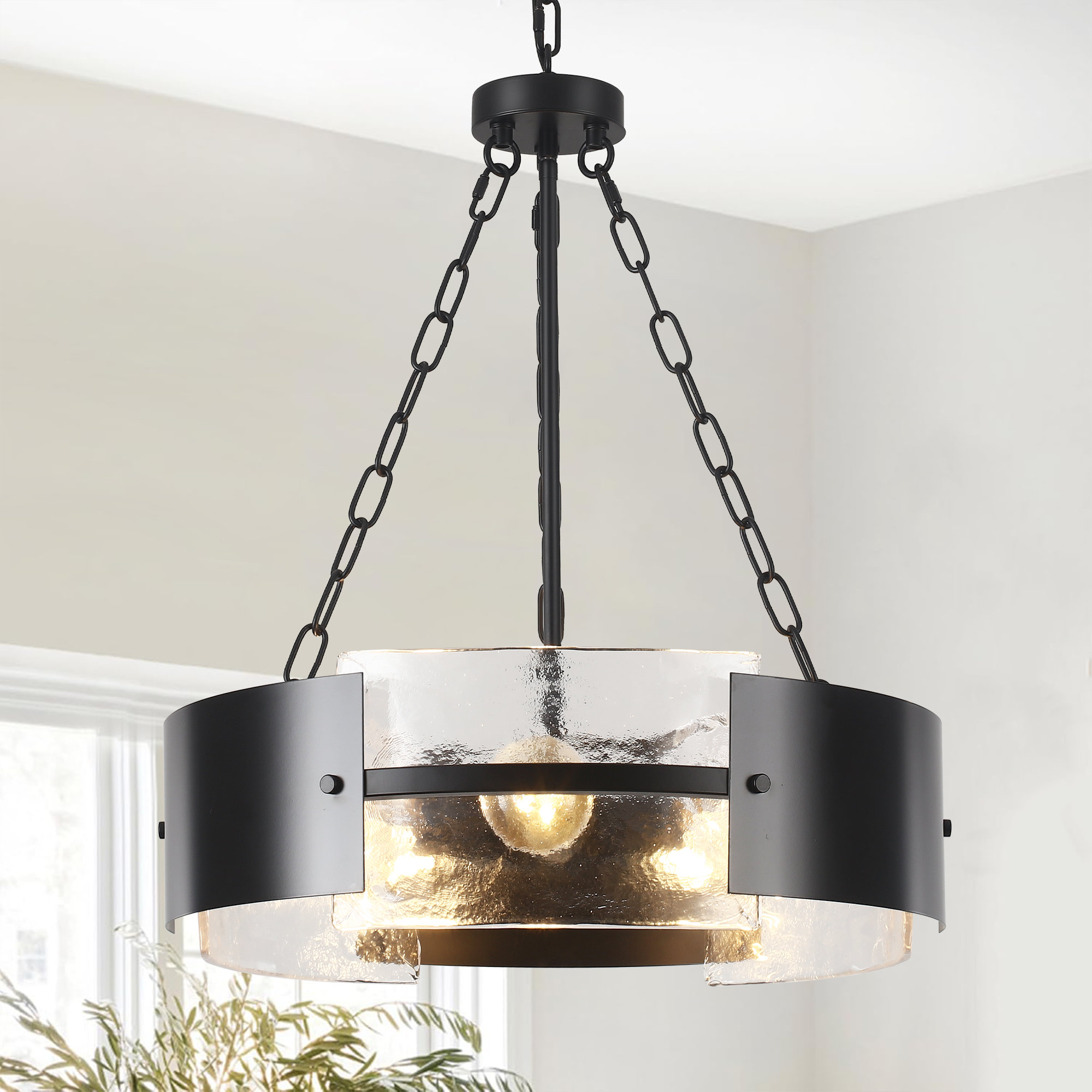 Farmhouse Hanging Light 6-Light Black Glass Chandelier - 18.7 Inch Modern Drum  Chandelier For Dining Room Black Drum Chandelier Modern, image size:2000x2000