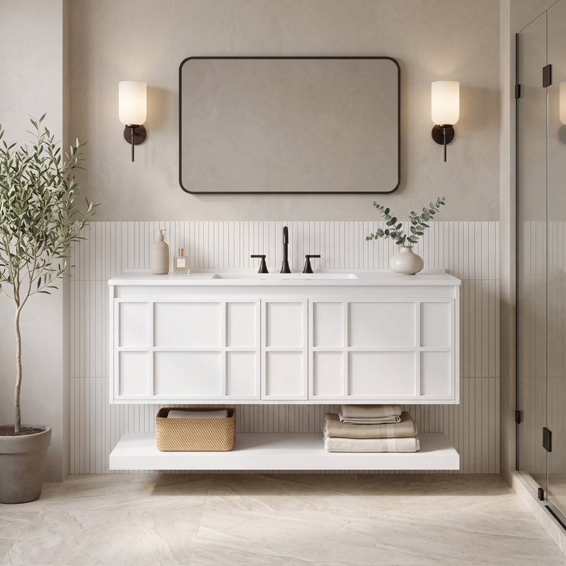 Ensemble de meuble-lavabo mural 48 po avec tablette ouverte à 2 tiroirs et plateau de lavabo intégré