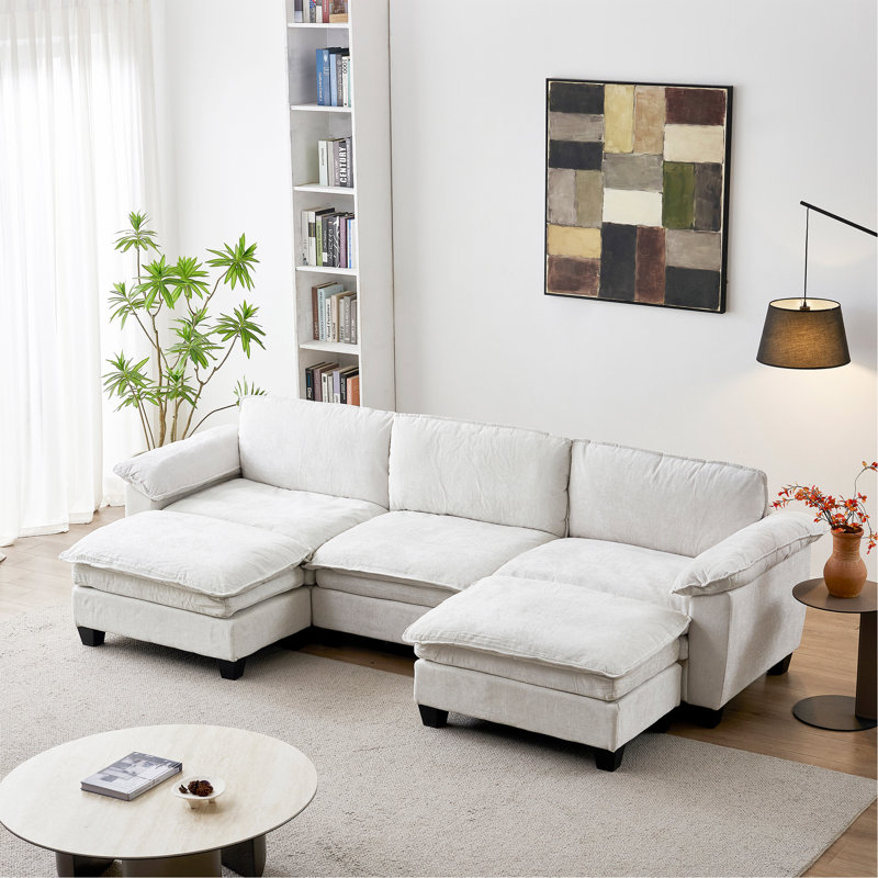 Canapé de luxe à trois places avec deux repose-pieds, Beige