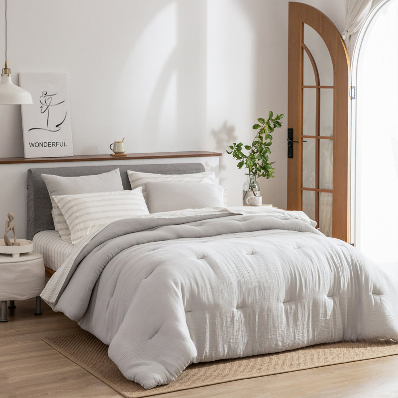 Light Grey Cotton Gauze Lightweight Comforter Bedding Sets, King Comforter + 6 Additional Pieces