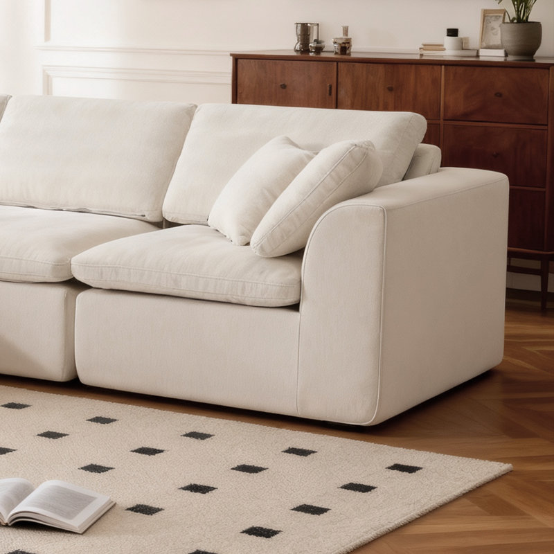 Canapé modulaire en L avec méridienne et coussins à haute densité, Chenille beige, Face à la gauche
