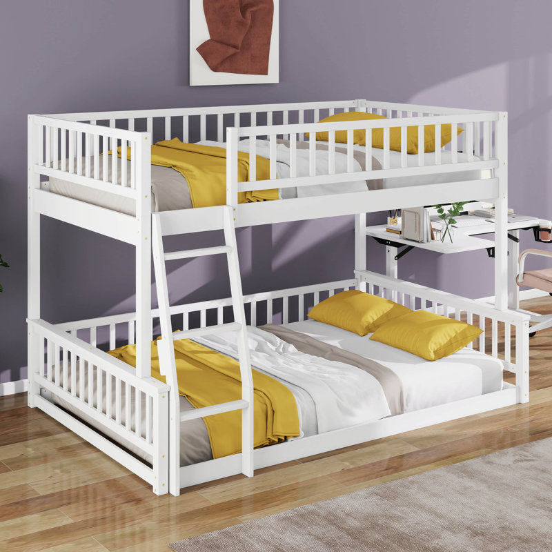 Wood Full XL Over Queen Bunk Bed With Ladder And Guardrails