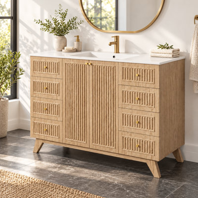 Meuble-lavabo simple de 120 cm (47,2 po) avec lavabo en résine SMC, 8 tiroirs et rangements, design cannelé, style moderne, salle de bain principale