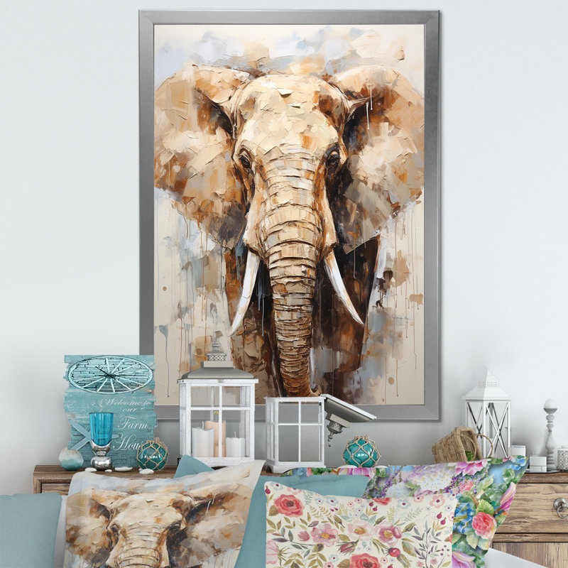 «Tusked Elephant Portrait» sur toile, Cadre simple argenté, H 20 po x l 12 po x P 1 po