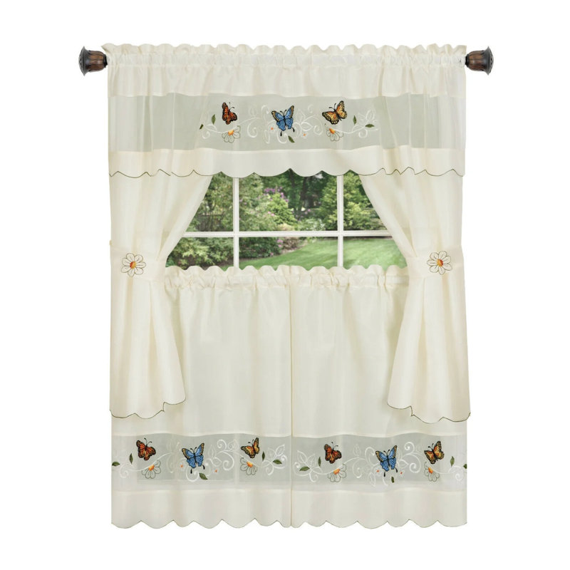 Kate Aurora Embroidered Butterflies & Sunflowers 3 Piece Kitchen Curtain Tier & Valance Set, 58" W x 36" L