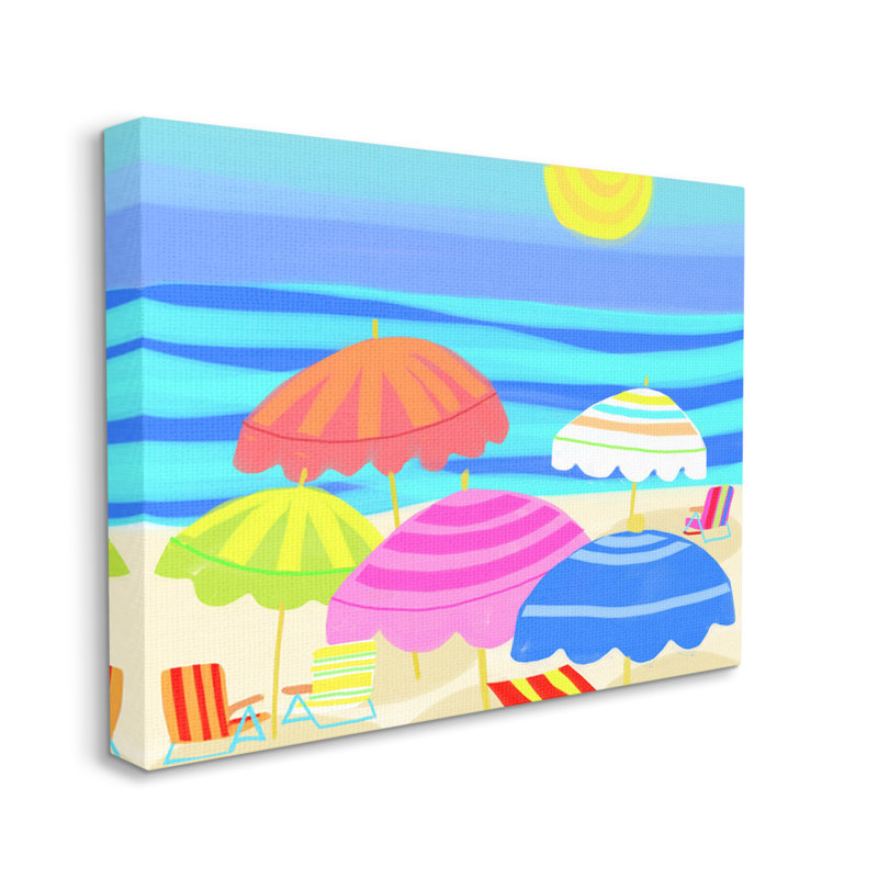 «Vibrant Sun Umbrellas Summer Beach Shore Scene» par Maret Hensick - impression, Toile tendue, H 16 po x l 20 po x P 1,5 po
