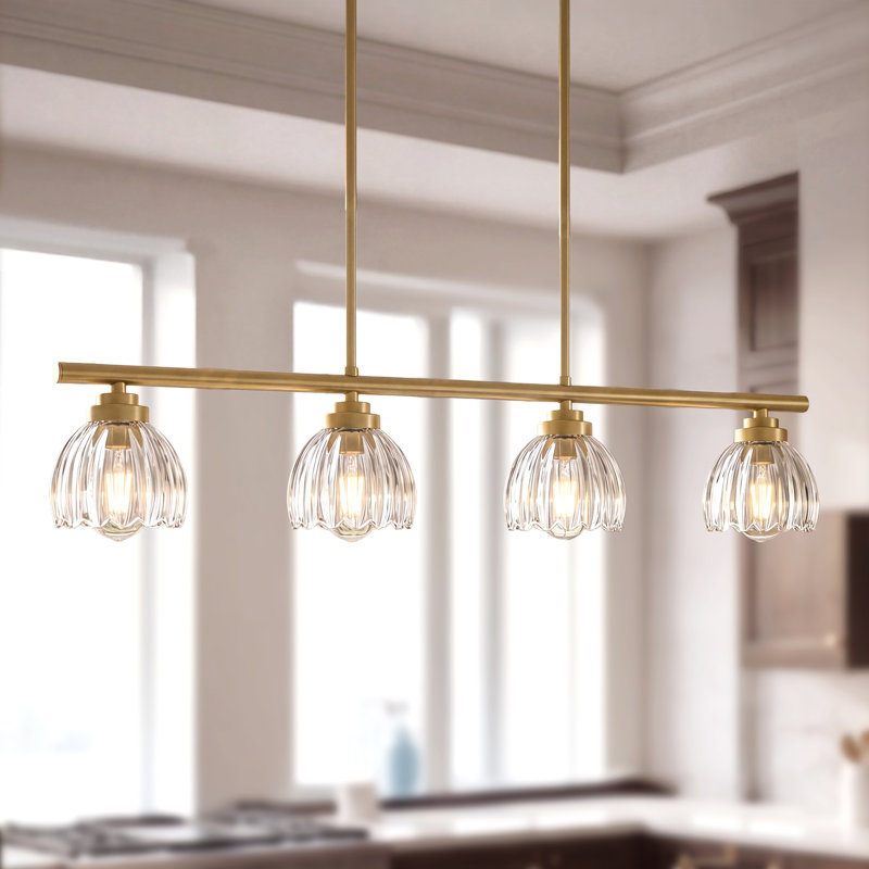 Luminaire suspendu en laiton antique avec verre pétale pour îlot de cuisine, Quatre lumières